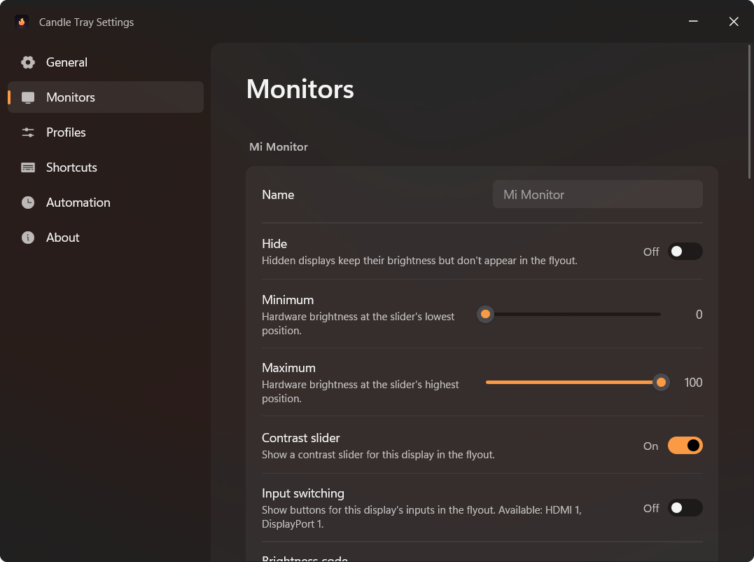 Monitors settings page
